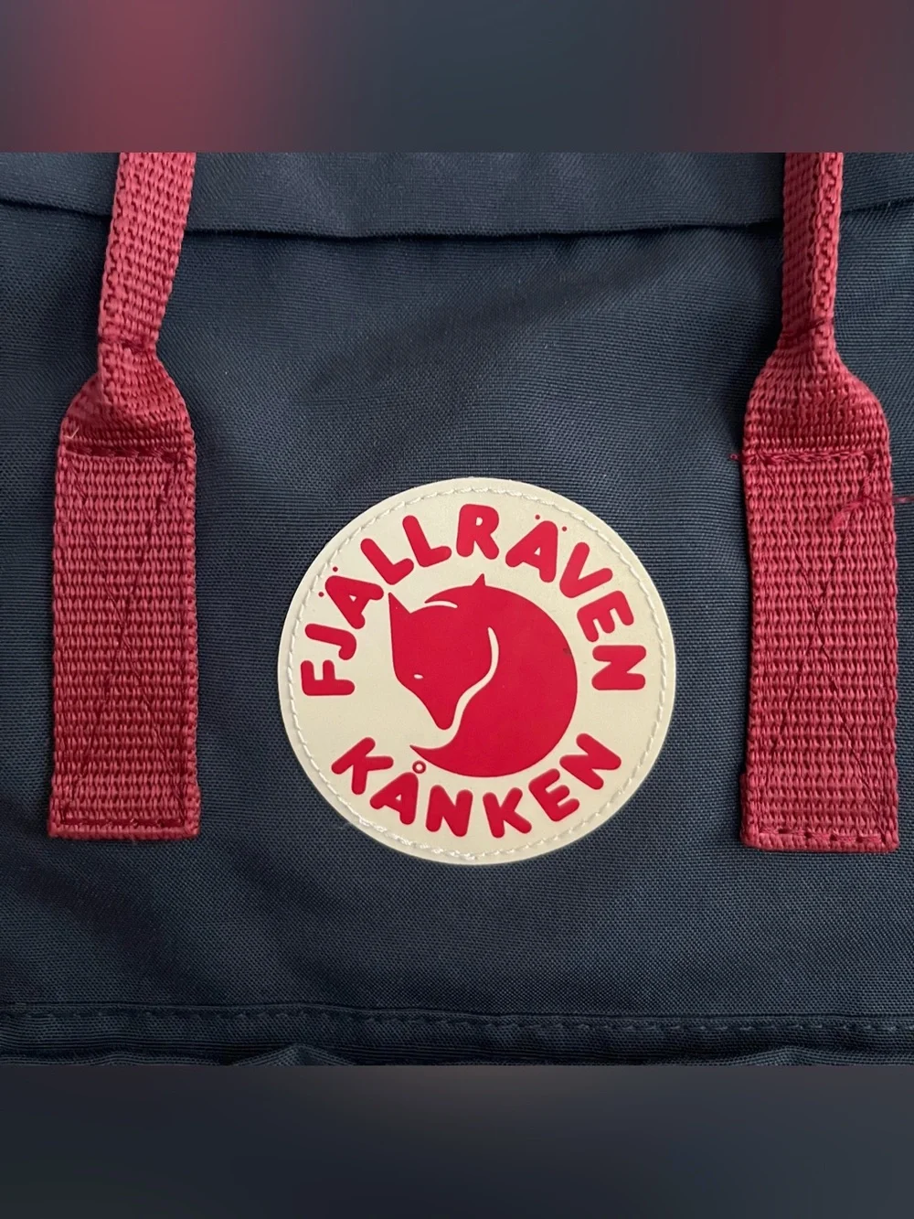 Classic Fjallraven Kanken Navy Backpack with Maroon Handles